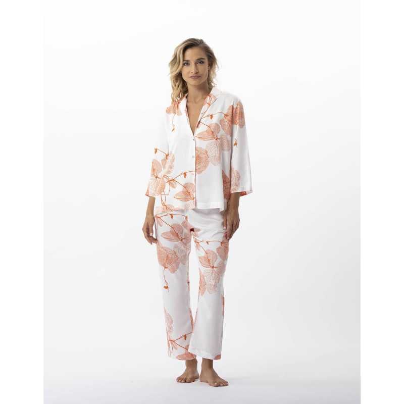 Buttoned pyjamas with plant pattern in 100% viscose GINKGO 706 tangerine