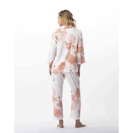 Buttoned pyjamas with plant pattern in 100% viscose GINKGO 706 tangerine