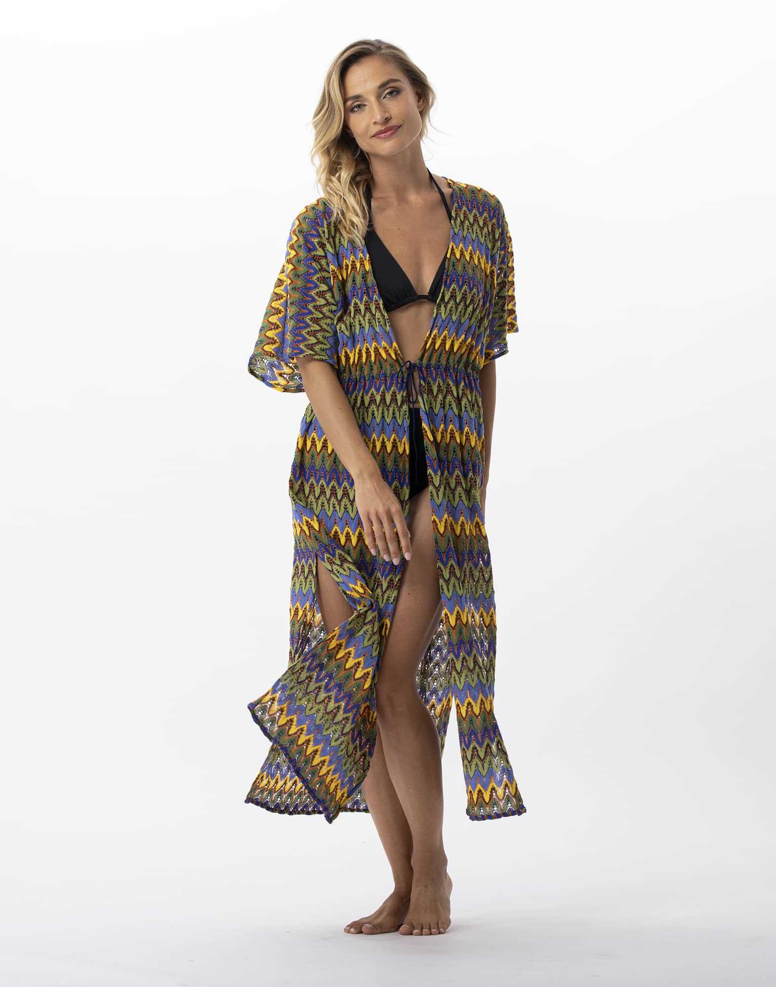 Kimono long en maille ajouree BAHIA 770 bleu multico Lingerie le Chat