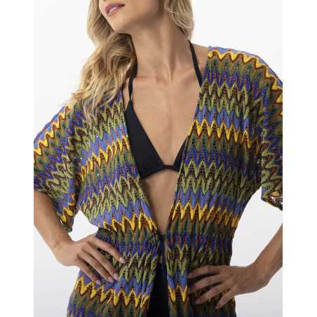 Kimono long en maille ajourée BAHIA 770 bleu multico  | Lingerie le Chat