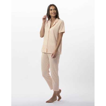 Pyjama boutonné rayé en coton et modal FRUTTI 706 mandarine  | Lingerie le Chat