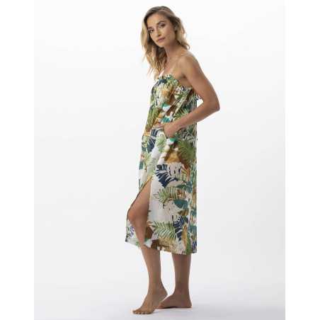 Plant printed long dress in 100% cotton PALMERAIE 741 multico | Lingerie le Chat