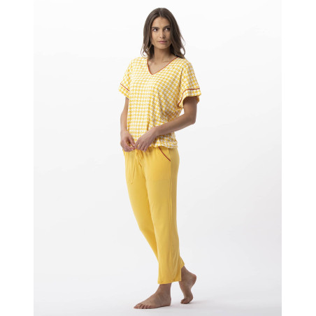 Pyjama 7/8° imprimé pied de poule en viscose élasthanne ROSIE 702 soleil  | Lingerie le Chat