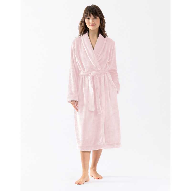 Plush flannel twill bathrobe ESSENTIEL H61B in rosewood | Lingerie le Chat