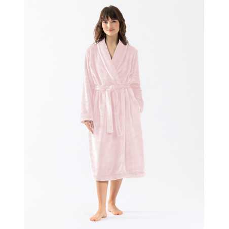 Plush flannel twill bathrobe ESSENTIEL H61B in rosewood | Lingerie le Chat