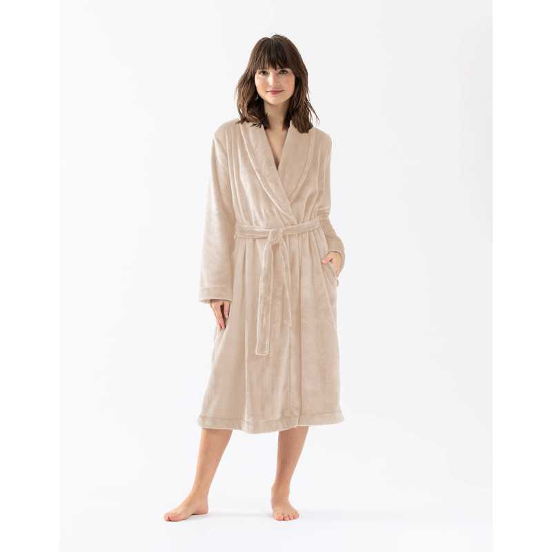 Plush flannel twill bathrobe ESSENTIEL H61B in shell | Lingerie le Chat