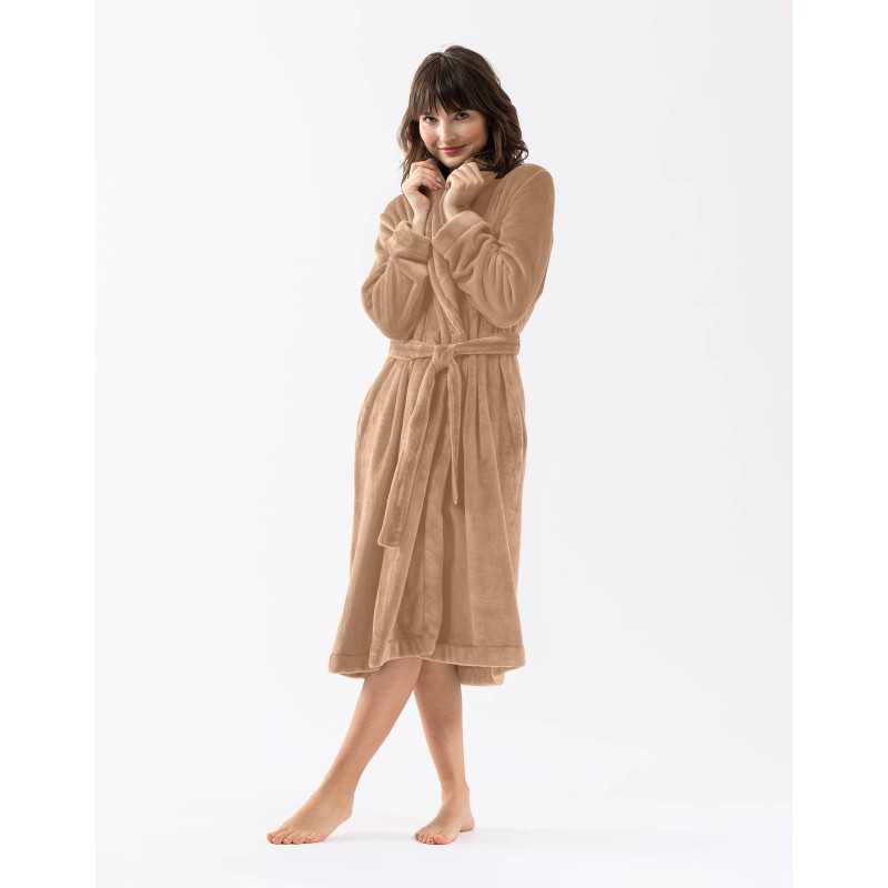 Plush flannel twill bathrobe ESSENTIEL 661 in honey gold | Lingerie le Chat