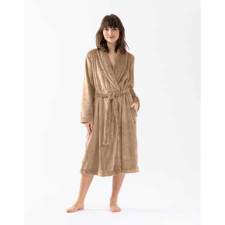 Plush flannel twill bathrobe ESSENTIEL H61B in honey gold | Lingerie le Chat