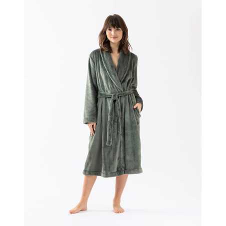 Plush flannel twill bathrobe ESSENTIEL H61B in moss green | Lingerie le Chat