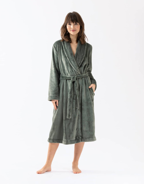 Plush flannel twill bathrobe ESSENTIEL H61B in moss green | Lingerie le Chat