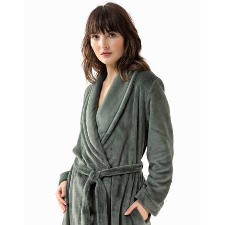 Plush flannel twill bathrobe ESSENTIEL H61B in moss green | Lingerie le Chat