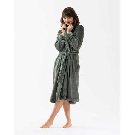 Plush flannel twill bathrobe ESSENTIEL H61B in moss green | Lingerie le Chat