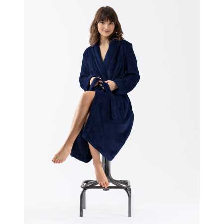 Plush flannel twill bathrobe ESSENTIEL H61B in navy blue | Lingerie le Chat