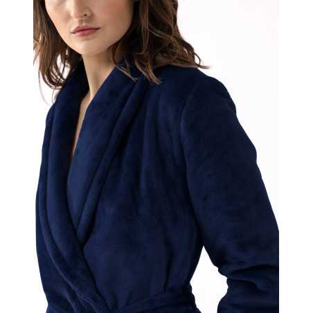 Plush flannel twill bathrobe ESSENTIEL H61B in navy blue | Lingerie le Chat