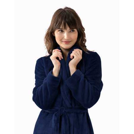 Plush flannel twill bathrobe ESSENTIEL H61B in navy blue | Lingerie le Chat