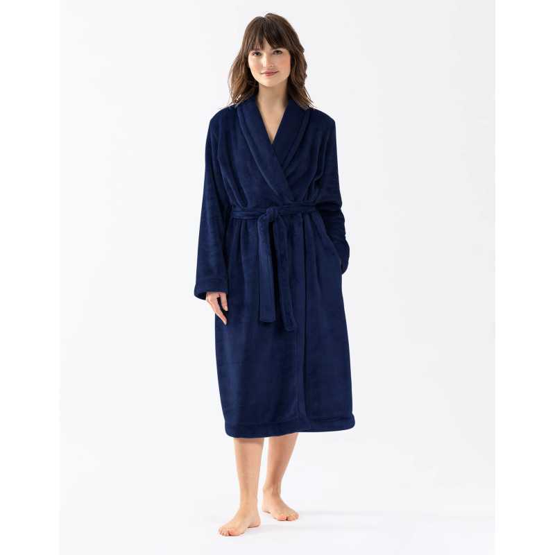 Plush flannel twill bathrobe ESSENTIEL H61B in navy blue | Lingerie le Chat