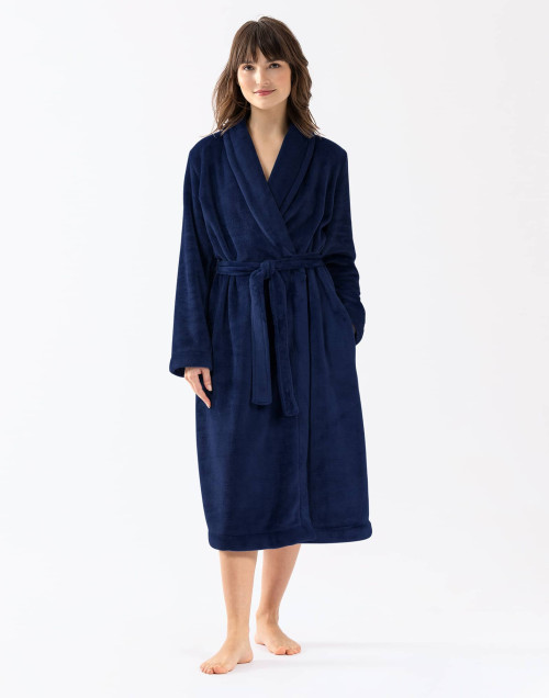 Plush flannel twill bathrobe ESSENTIEL H61B in navy blue | Lingerie le Chat