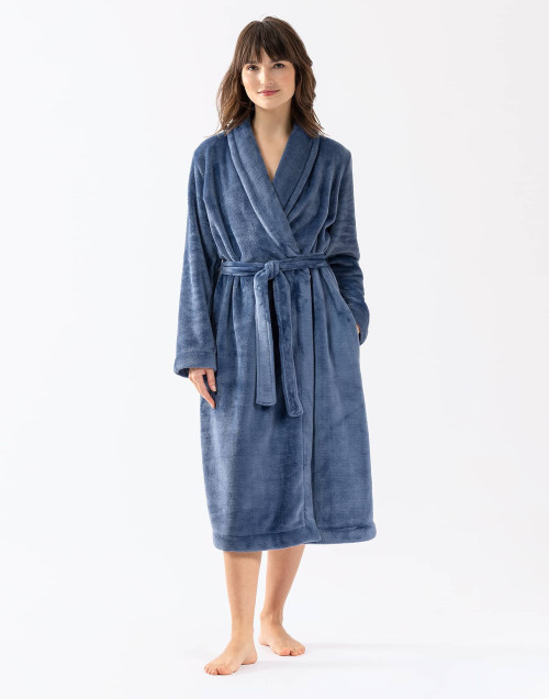 Plush flannel twill bathrobe ESSENTIEL H61B in prussian blue | Lingerie le Chat