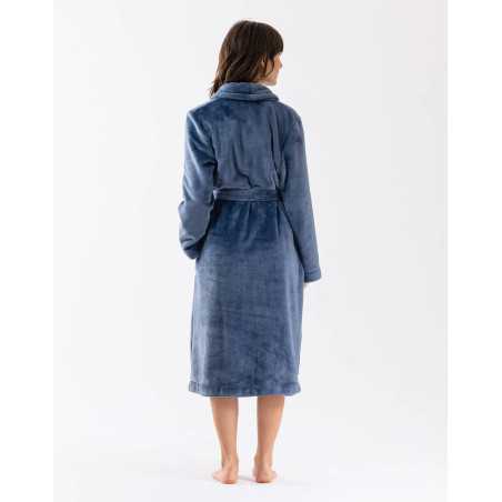 Plush flannel twill bathrobe ESSENTIEL H61B in prussian blue | Lingerie le Chat