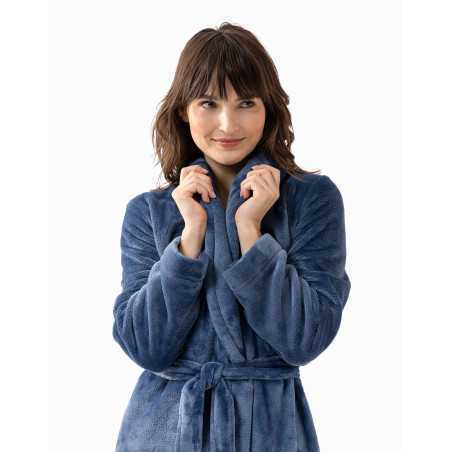 Plush flannel twill bathrobe ESSENTIEL H61B in prussian blue | Lingerie le Chat