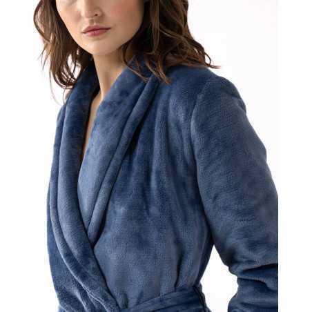 Plush flannel twill bathrobe ESSENTIEL H61B in prussian blue | Lingerie le Chat