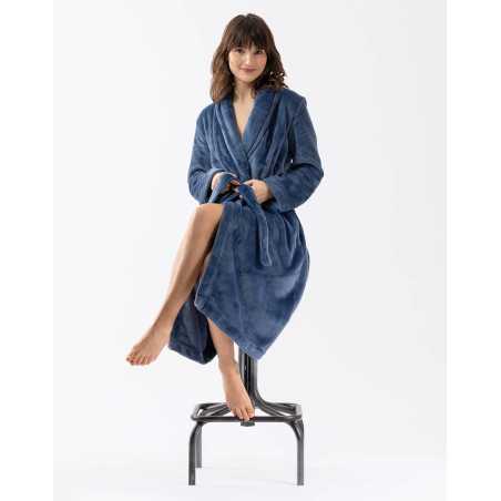 Plush flannel twill bathrobe ESSENTIEL H61B in prussian blue | Lingerie le Chat