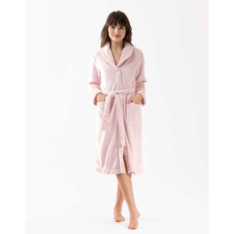 Plush flannel bathrobe ESSENTIEL H51B rosewood | Lingerie le Chat