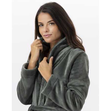 Plush flannel bathrobe ESSENTIEL H51B moss green | Lingerie le Chat