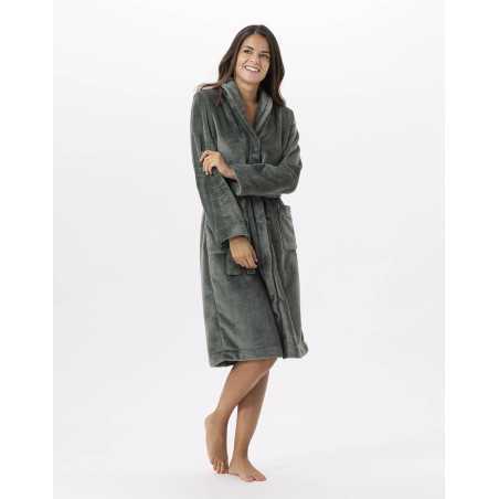 Plush flannel bathrobe ESSENTIEL H51B moss green | Lingerie le Chat