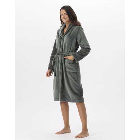 Plush flannel bathrobe ESSENTIEL H51B moss green | Lingerie le Chat