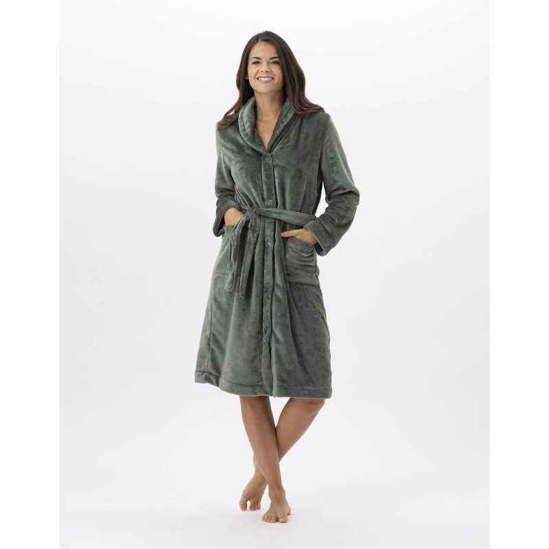 Plush flannel bathrobe ESSENTIEL H51B moss green | Lingerie le Chat