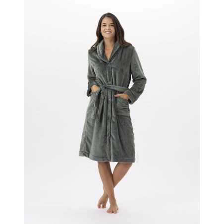 Plush flannel bathrobe ESSENTIEL H51B moss green | Lingerie le Chat