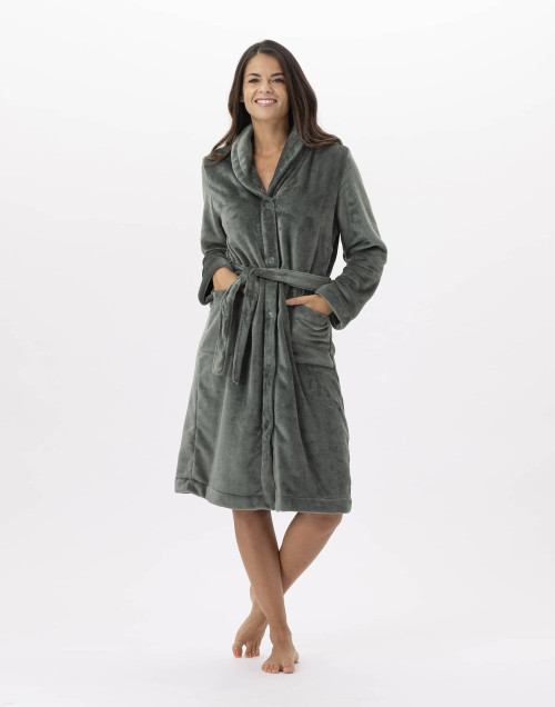 Plush flannel bathrobe ESSENTIEL H51B moss green | Lingerie le Chat