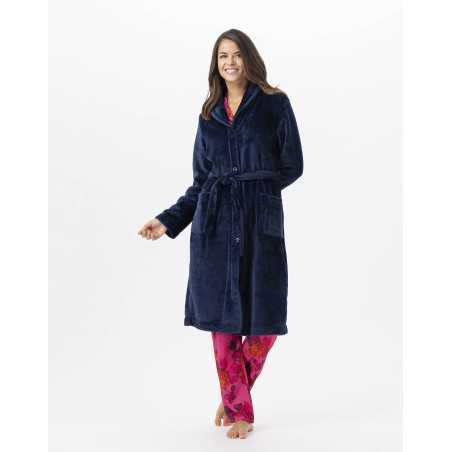 Plush flannel bathrobe ESSENTIEL H51B navy blue | Lingerie le Chat