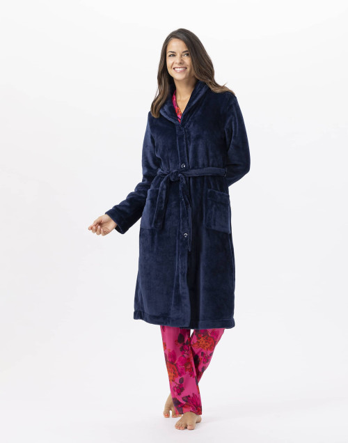 Plush flannel bathrobe ESSENTIEL H51B navy blue | Lingerie le Chat