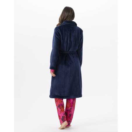 Plush flannel bathrobe ESSENTIEL 651 navy blue | Lingerie le Chat