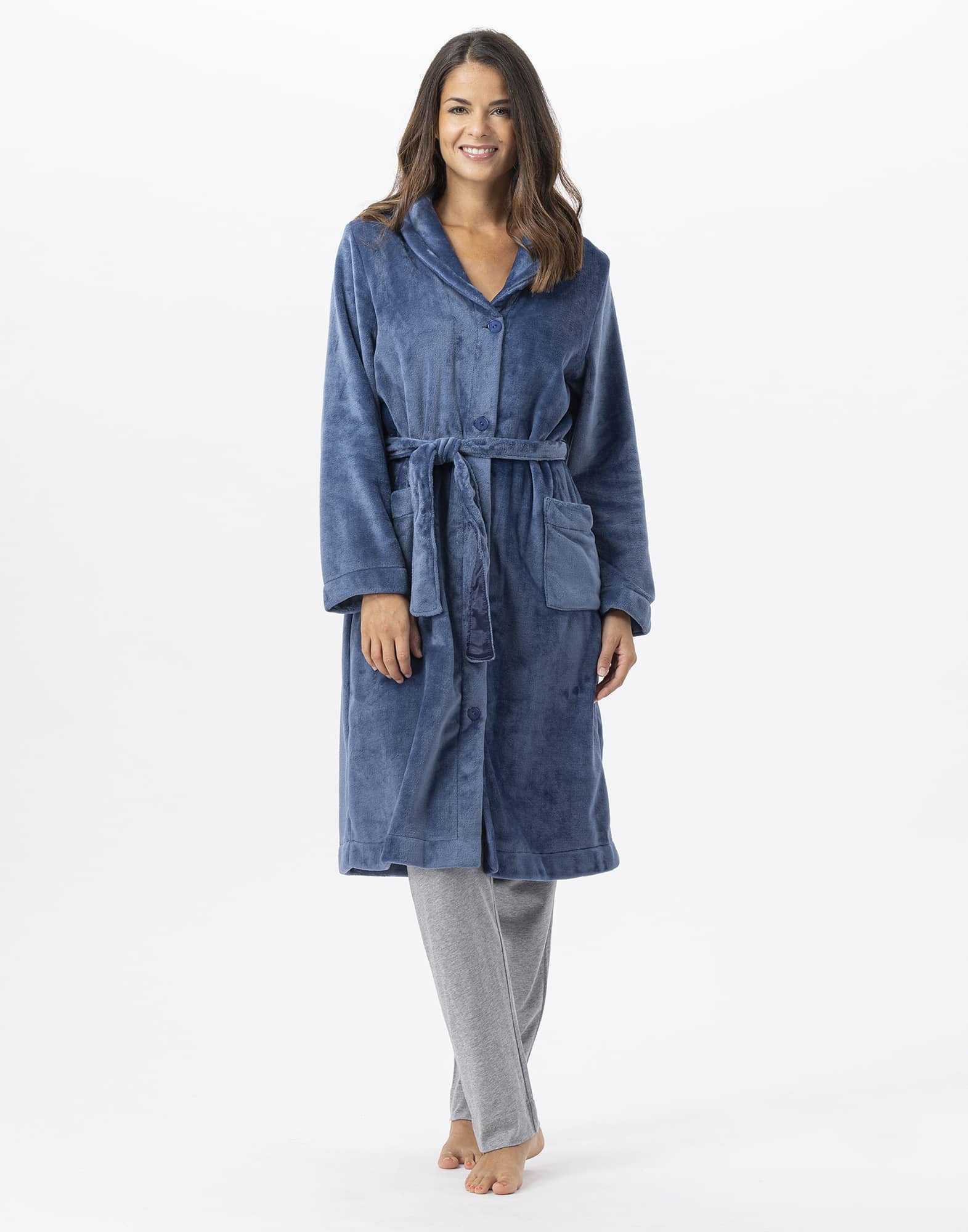 Plush flannel bathrobe ESSENTIEL H51B prussian blue | Lingerie le Chat