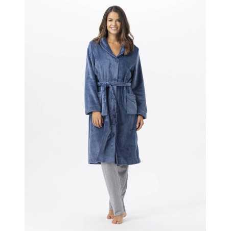 Plush flannel bathrobe ESSENTIEL H51B prussian blue | Lingerie le Chat