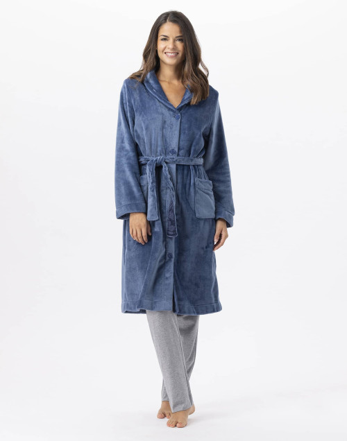 Plush flannel bathrobe ESSENTIEL H51B prussian blue | Lingerie le Chat