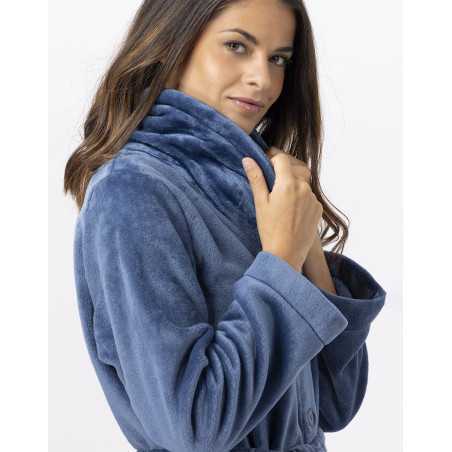 Plush flannel bathrobe ESSENTIEL H51B prussian blue | Lingerie le Chat