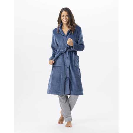 Plush flannel bathrobe ESSENTIEL H51B prussian blue | Lingerie le Chat