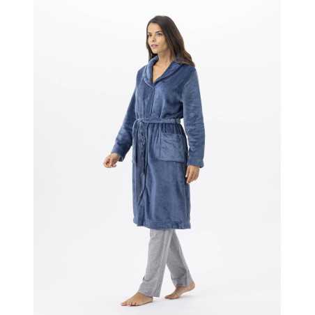 Plush flannel bathrobe ESSENTIEL H51B prussian blue | Lingerie le Chat