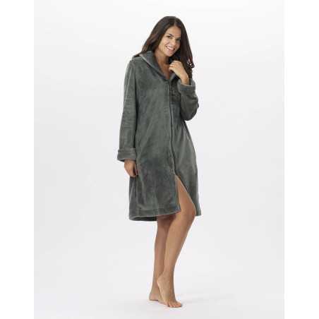 Plush flannel bathrobe ESSENTIEL H56B moss green | Lingerie le Chat