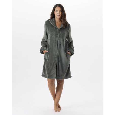 Plush flannel bathrobe ESSENTIEL 656 moss green | Lingerie le Chat