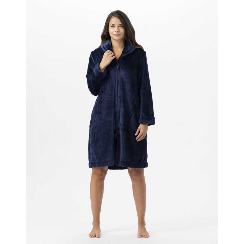 Robe de chambre en peluche flanelle ESSENTIEL H56B marine  | Lingerie le Chat