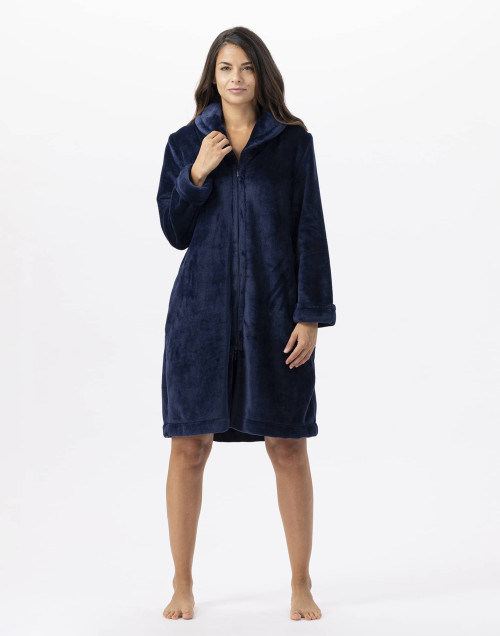 Plush flannel bathrobe ESSENTIEL 656 navy blue | Lingerie le Chat