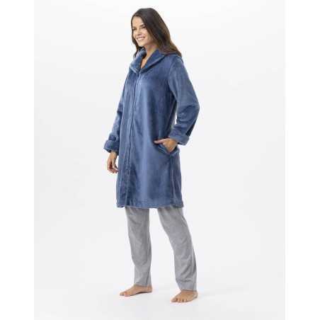 Plush flannel bathrobe ESSENTIEL H56B prussian blue | Lingerie le Chat