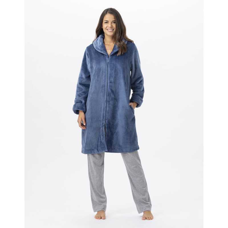 Plush flannel bathrobe ESSENTIEL H56B prussian blue | Lingerie le Chat