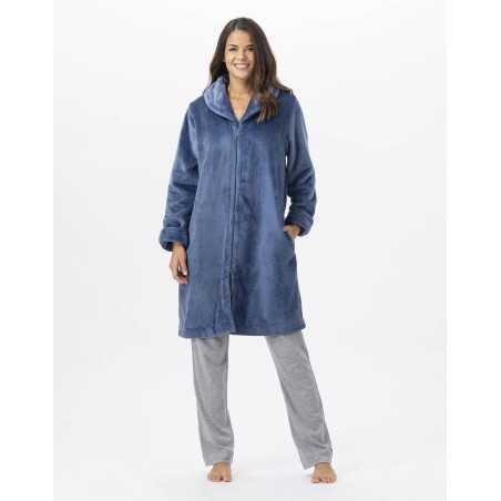 Plush flannel bathrobe ESSENTIEL H56B prussian blue | Lingerie le Chat