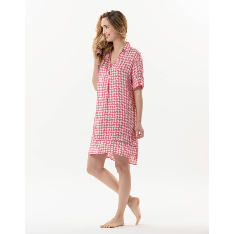 Houndstooth Check shirt in 100% viscose COCOTTE 705 strawberry | Lingerie le Chat